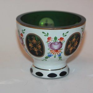 Czech Bohemian Glass Green Cased to White Small Bowl Hand Painted LOT 8155